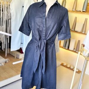 Ralph Lauren Shirt Dress Midi SIZE 6 Tie Front LINEN Navy Blue Short Sleeve